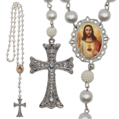 Terço Noiva Prata Coração Sagrado de Jesus Mod Casamento Relicario em Perolas 12mm Homenagem
