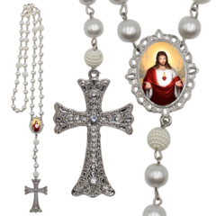 Terço Noiva Prata Coração Sagrado de Jesus Mod Casamento Relicario em Perolas 12mm Homenagem