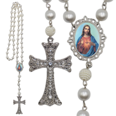 Terço Noiva Prata Coração Sagrado de Jesus Mod Casamento Relicario em Perolas 12mm Homenagem