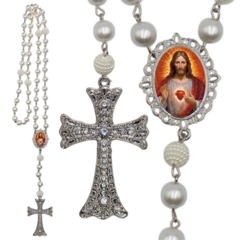 Terço Noiva Prata Coração Sagrado de Jesus Mod Casamento Relicario em Perolas 12mm Homenagem