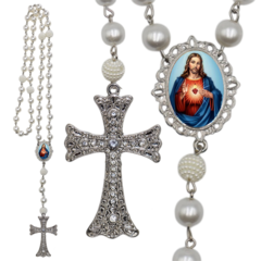 Terço Noiva Prata Coração Sagrado de Jesus Mod Casamento Relicario em Perolas 12mm Homenagem