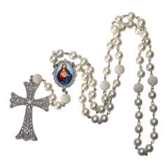 Terço Noiva Prata Coração Sagrado de Jesus Mod Casamento Relicario em Perolas 12mm Homenagem - Lembrancinhas Religiosas