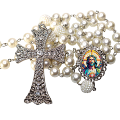 Terço Noiva Prata Coração Sagrado de Jesus Mod Casamento Relicario em Perolas 12mm Homenagem - comprar online