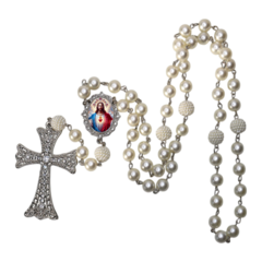 Terço Noiva Prata Coração Sagrado de Jesus Mod Casamento Relicario em Perolas 12mm Homenagem - Lembrancinhas Religiosas