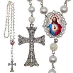 Terço Noiva Prata Coração Sagrado de Jesus Mod Casamento Relicario em Perolas 12mm Homenagem