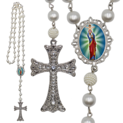 Terço Noiva Prata Coração Sagrado de Jesus Mod Casamento Relicario em Perolas 12mm Homenagem