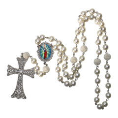 Terço Noiva Prata Coração Sagrado de Jesus Mod Casamento Relicario em Perolas 12mm Homenagem - Lembrancinhas Religiosas