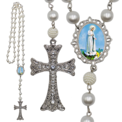 Terço Noiva Prata Nossa Senhora de Fatima Casamento Relicario em Perolas 12mm Homenagem