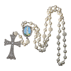 Terço Noiva Prata Nossa Senhora de Fatima Casamento Relicario em Perolas 12mm Homenagem - Lembrancinhas Religiosas