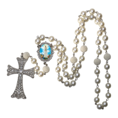 Terço Noiva Prata Nossa Senhora de Fatima Casamento Relicario em Perolas 12mm Homenagem - Lembrancinhas Religiosas