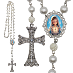Terço Noiva Prata Nossa Senhora de Fatima Casamento Relicario em Perolas 12mm Homenagem