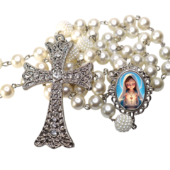 Terço Noiva Prata Nossa Senhora de Fatima Casamento Relicario em Perolas 12mm Homenagem - comprar online