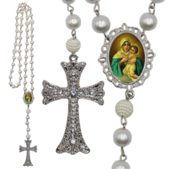 Terço Noiva Prata Santa Mãe Rainha Casamento Relicario em Perolas 12mm Homenagem
