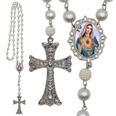 Terço Noiva Prata Santa Mãe Rainha Casamento Relicario em Perolas 12mm Homenagem