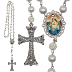 Terço Noiva Prata Santa Mãe Rainha Casamento Relicario em Perolas 12mm Homenagem