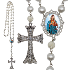 Terço Noiva Prata Santa Mãe Rainha Casamento Relicario em Perolas 12mm Homenagem