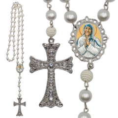 Terço Noiva Prata Santa Teresa de Calcutá Casamento Relicario em Perolas 12mm Homenagem