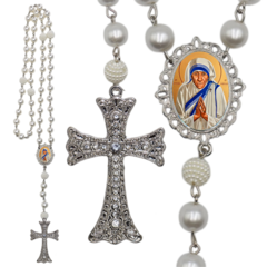 Terço Noiva Prata Santa Teresa de Calcutá Casamento Relicario em Perolas 12mm Homenagem
