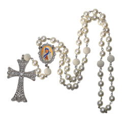 Terço Noiva Prata Santa Teresa de Calcutá Casamento Relicario em Perolas 12mm Homenagem - Lembrancinhas Religiosas