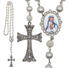 Terço Noiva Prata Santa Teresa de Calcutá Casamento Relicario em Perolas 12mm Homenagem