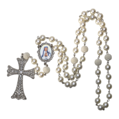 Terço Noiva Prata Santa Teresa de Calcutá Casamento Relicario em Perolas 12mm Homenagem - Lembrancinhas Religiosas