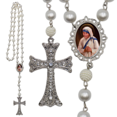 Terço Noiva Prata Santa Teresa de Calcutá Casamento Relicario em Perolas 12mm Homenagem