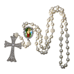 Terço Noiva Prata São Sebastião Casamento Relicario em Perolas 12mm Homenagem - Lembrancinhas Religiosas