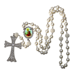 Terço Noiva Prata São Judas Tadeu Casamento Relicario em Perolas 12mm Homenagem - Lembrancinhas Religiosas