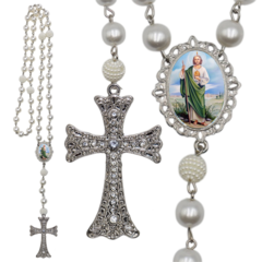 Terço Noiva Prata São Judas Tadeu Casamento Relicario em Perolas 12mm Homenagem
