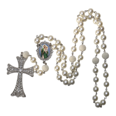 Terço Noiva Prata São Jose Casamento Relicario em Perolas 12mm Homenagem - Lembrancinhas Religiosas