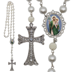 Terço Noiva Prata São Jose Casamento Relicario em Perolas 12mm Homenagem