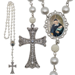 Terço Noiva Prata São Vicente de Paula Casamento Relicario em Perolas 12mm Homenagem