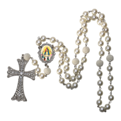 Terço Noiva Prata Nossa Senhora do Bom Parto Casamento Relicario em Perolas 12mm Homenagem - Lembrancinhas Religiosas