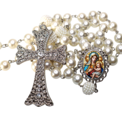 Terço Noiva Prata Nossa Senhora do Bom Parto Casamento Relicario em Perolas 12mm Homenagem - comprar online
