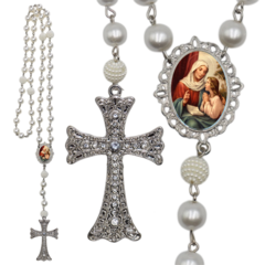 Terço Noiva Prata Santa Ana Casamento Relicario em Perolas 12mm Homenagem