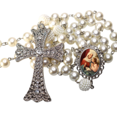 Terço Noiva Prata Santa Ana Casamento Relicario em Perolas 12mm Homenagem - comprar online
