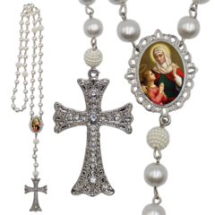Terço Noiva Prata Santa Ana Casamento Relicario em Perolas 12mm Homenagem