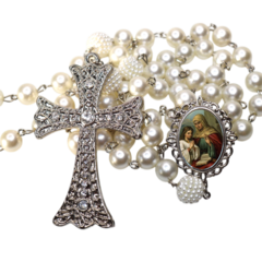 Terço Noiva Prata Santa Ana Casamento Relicario em Perolas 12mm Homenagem - comprar online