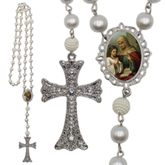 Terço Noiva Prata Santa Ana Casamento Relicario em Perolas 12mm Homenagem