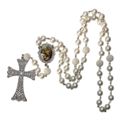 Terço Noiva Prata Santa Ana Casamento Relicario em Perolas 12mm Homenagem - Lembrancinhas Religiosas
