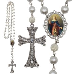 Terço Noiva Prata Santa Ana Casamento Relicario em Perolas 12mm Homenagem