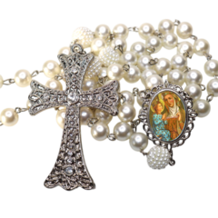 Terço Noiva Prata Santa Ana Casamento Relicario em Perolas 12mm Homenagem - comprar online