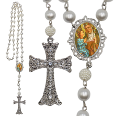 Terço Noiva Prata Santa Ana Casamento Relicario em Perolas 12mm Homenagem