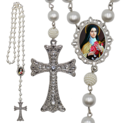 Terço Noiva Prata Santa Teresinha Casamento Relicario em Perolas 12mm Homenagem