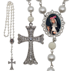 Terço Noiva Prata Santa Rita de Cássia Casamento Relicario em Perolas 12mm Homenagem