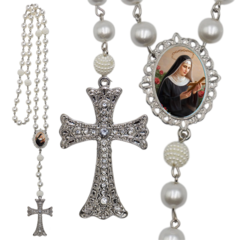 Terço Noiva Prata Santa Rita de Cássia Casamento Relicario em Perolas 12mm Homenagem