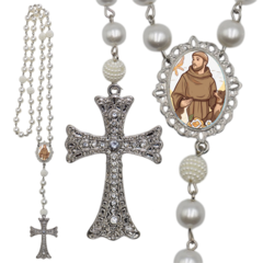 Terço Noiva Prata São Francisco Casamento Relicario em Perolas 12mm Homenagem