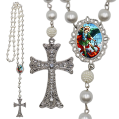 Terço Noiva Prata São Miguel Arcanjo Casamento Relicario em Perolas 12mm Homenagem