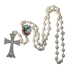 Terço Noiva Prata São Miguel Arcanjo Casamento Relicario em Perolas 12mm Homenagem - Lembrancinhas Religiosas