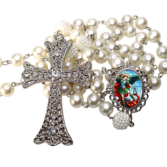 Terço Noiva Prata São Miguel Arcanjo Casamento Relicario em Perolas 12mm Homenagem - comprar online